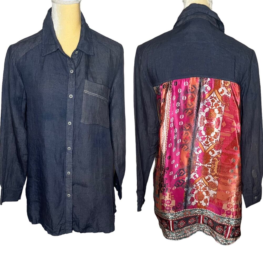 Kyla Seo Linen Button Down Shirt Tunic Top Floral Panel on Back Size Small